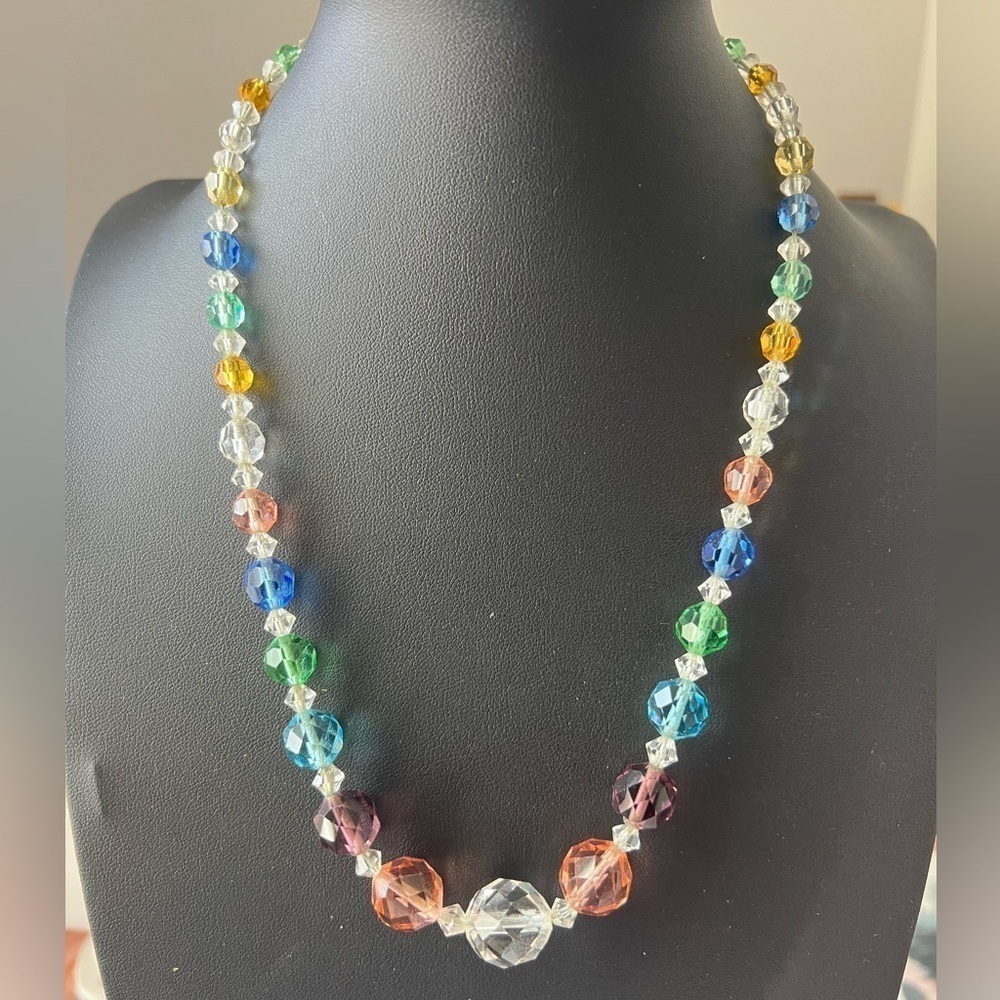 Vintage Colorful Faceted Glass Necklace w/Sterling Silver Clasp B19